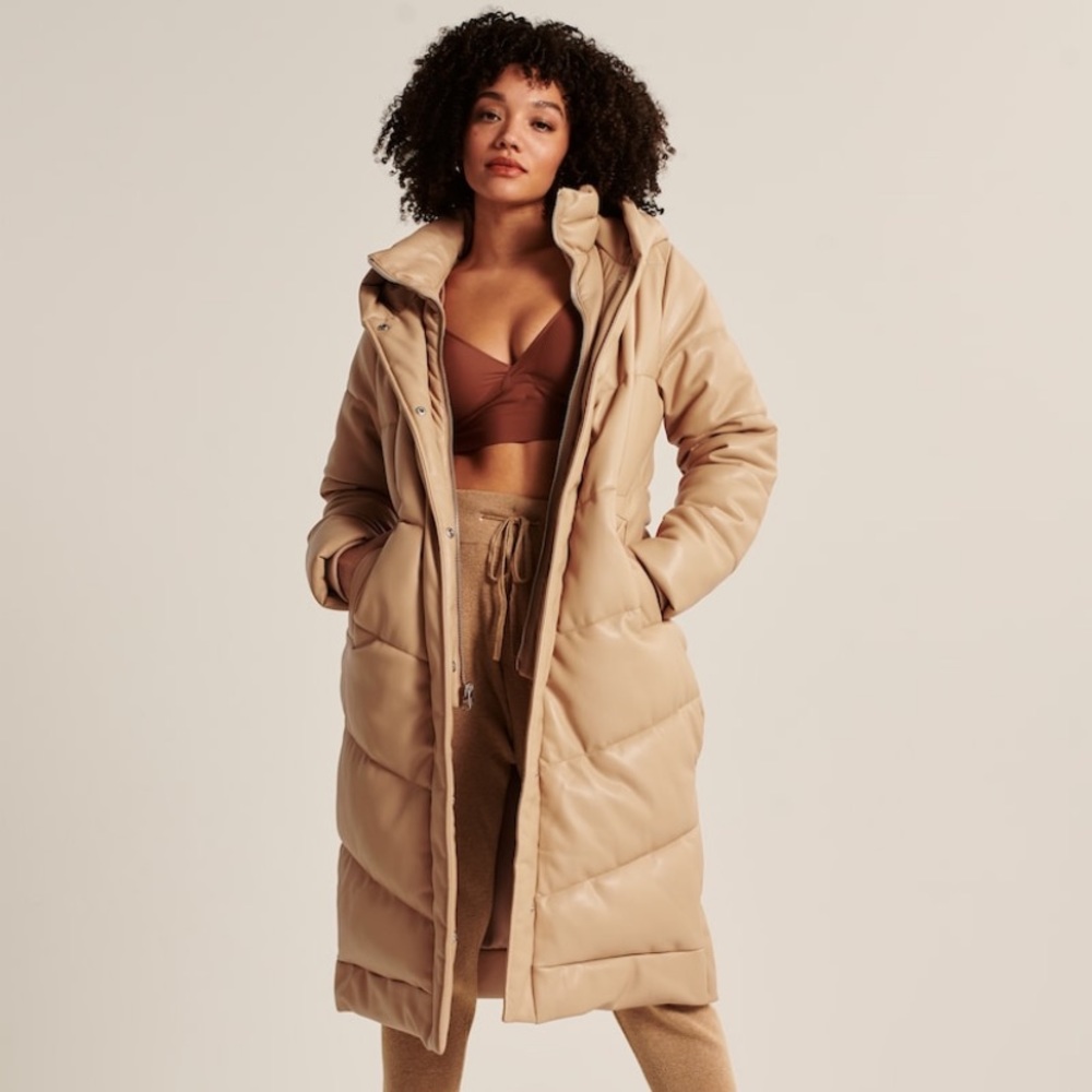 Abercrombie Vegan Leather Ultra Long Tan Puffer